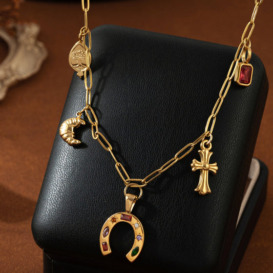 18K Gold Cross Moon Necklace